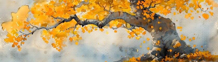 Golden Tree in Autumn Watercolor Painting with Gray Foggy Background