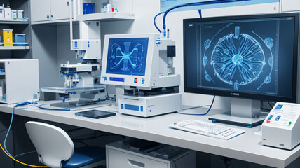 Laboratory workbench close-up background. Hospital Medical Test Room Scene. Automatic biochemical analyzer, monitors, equipment and operation.