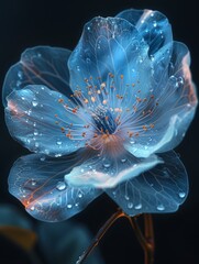 A close-up view of a blue flower covered in water droplets.