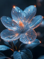 A blue flower covered in water droplets glistens under sunlight.