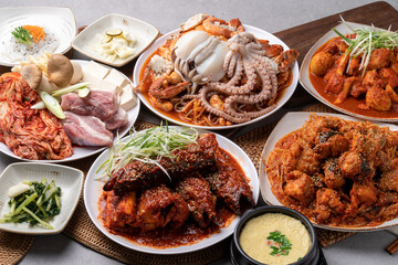 Korean food, Korean don, raw meat, kimchi, steamed, agu, pollack, dried pollack, seafood, braised chicken, side dishes, steamed eggs, squid,