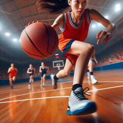 Naklejka premium Young woman basketball player in action with ball in action at sport arena