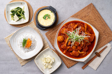 Korean food, Korean don, raw meat, kimchi, steamed, agu, pollack, dried pollack, seafood, braised chicken, side dishes, steamed eggs, squid,