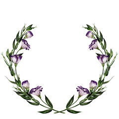 Fototapeta premium Wreath of eustoma, lisianthus and bluebell flowers. Purple and white. Watercolor illustration.