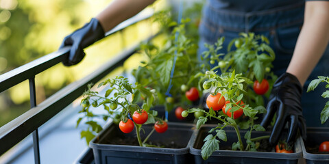 Kleiner Balkongarten mit reifen Tomatenpflanzen  - obrazy, fototapety, plakaty