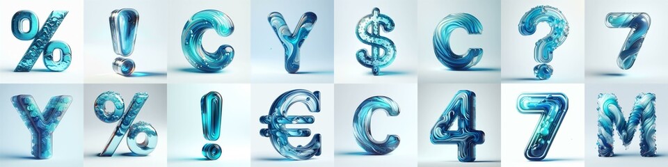 Azure glass 3D Lettering Typeface. AI generated illustration