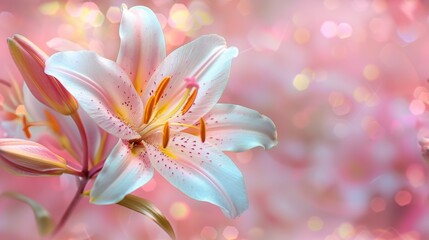 Fototapeta premium Beautiful blooming lily flower minimalist fantasy background template fresh light pink yellow white color lily flower poster nature background, Aesthetics floral inspirational tenderness illustration