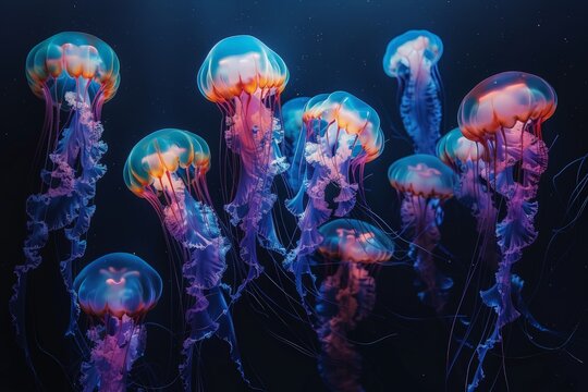 A group of jellyfish gracefully swim in the crystal clear ocean waters.