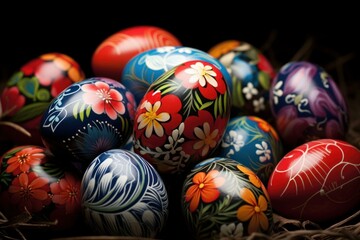 Fototapeta na wymiar Colorful Painted eggs floral easter. Happy wood. Generate Ai