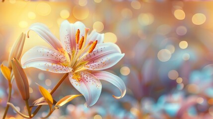 Fototapeta premium Beautiful blooming lily flower minimalist fantasy background template fresh light pink yellow white color lily flower poster nature background, Aesthetics floral inspirational tenderness illustration