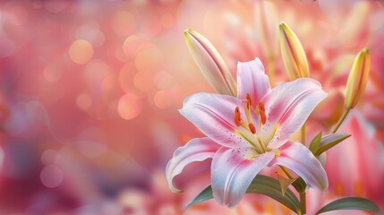 Fototapeta premium Beautiful blooming lily flower minimalist fantasy background template fresh light pink yellow white color lily flower poster nature background, Aesthetics floral inspirational tenderness illustration