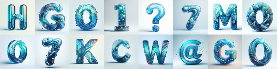 Azure glass 3D Lettering Typeface. AI generated illustration
