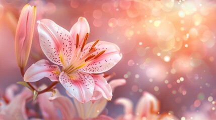 Beautiful blooming lily flower minimalist fantasy background template fresh light pink yellow white color lily flower poster nature background, Aesthetics floral inspirational tenderness illustration