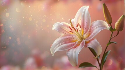Beautiful blooming lily flower minimalist fantasy background template fresh light pink yellow white color lily flower poster nature background, Aesthetics floral inspirational tenderness illustration