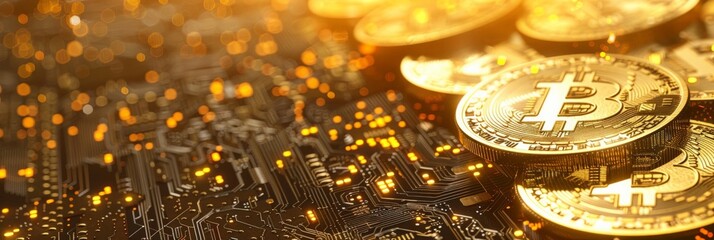 Golden Bitcoin coins on a digital financial graph