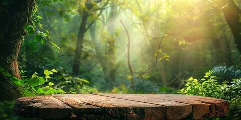 A Wooden Bench in a Sunlit Forest, Perfect for a Picnic on a Sunny Afternoon Generative AI