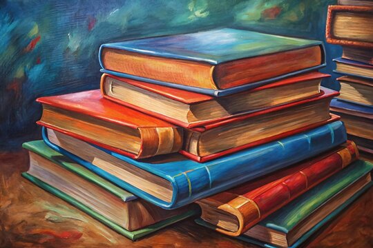 Stack of books on wooden table. Colorful painting