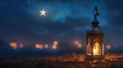 A tiny Islamic lantern on ground and star on sky