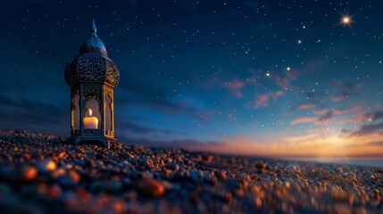 A tiny Islamic lantern on ground and star on sky - obrazy, fototapety, plakaty