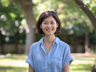 Smiling Asian Woman in a Blue Shirt, Posing for a Picture in a Park Generative AI