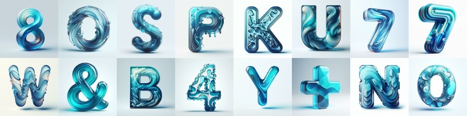 Azure glass 3D Lettering Typeface. AI generated illustration