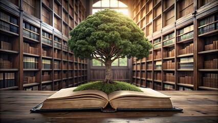Tree growing from an open book in the library.
