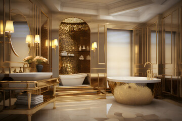 Golden bathroom, gold bathroom, golden bath, golden bathroom in beautiful penthouse - obrazy, fototapety, plakaty