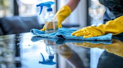 Close-up of Housewife Polishing Glass Table Top