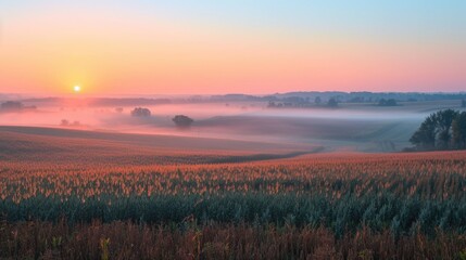 Sunrise Hues Over Misty Agricultural Fields - obrazy, fototapety, plakaty