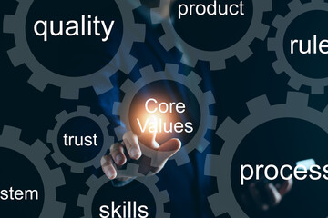 Core values, processes and coordination for business success. Cogwheels with business man writing...