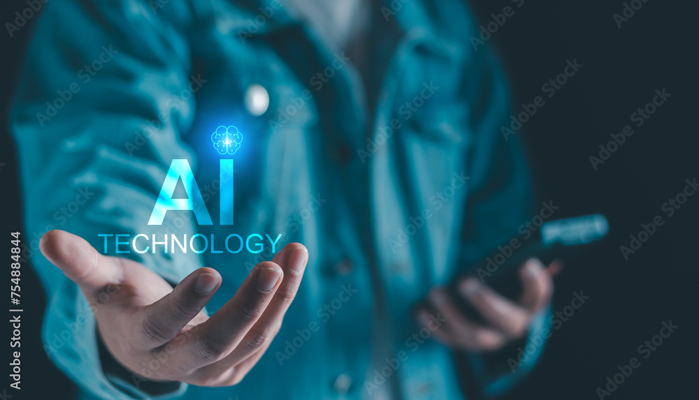Poster chat robot ai assistant concept. business man show smart ai chatbot. modern technology ai or artific