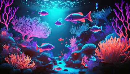 Fototapeta na wymiar Underwater world with glowing coral reefs and exotic fish in neon colors