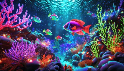 Obraz na płótnie Canvas Underwater world with glowing coral reefs and exotic fish in neon colors