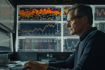 Obraz na płótnie Canvas Analysts observe financial trends on multiple screens, evaluating complex data in a monitoring lab with focused diligence. Observers in a trading lab view diverse investment charts, deeply engaged