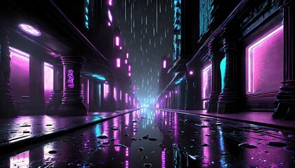 Dark cyberpunk alley with glowing raindrops and reflective surfaces