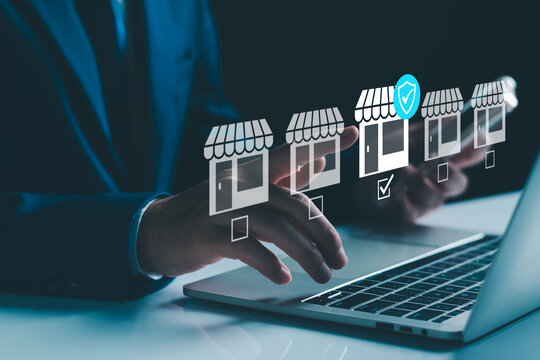 Ecommerce online shopping guarantee concept. Customers choose certified stores buy online Ecommerce. Customer using smartphone and computer with shopping, sale, retail, cart and business Ecommerce