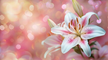 Fototapeta premium Beautiful blooming lily flower minimalist fantasy background template fresh light pink yellow white color lily flower poster nature background, Aesthetics floral inspirational tenderness illustration