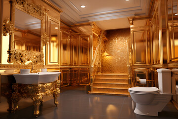 Golden bathroom, gold bathroom, golden bath, golden bathroom in beautiful penthouse