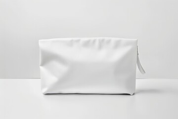 A blank white cosmetic bag is sitting on a white surface. - obrazy, fototapety, plakaty