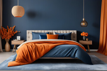 Interior design of elegant bedroom with big orange bed, beige and grey bedclothes, blue curtain, rug, modern lamp, night stand, vase with dried flowers and personal accessories. Home decor. Template.