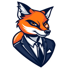 Obraz premium Male businessman fox in suit vector esports logo on white background, fox logo, fox icon, fox sticker, fox symbol, fox emblem
