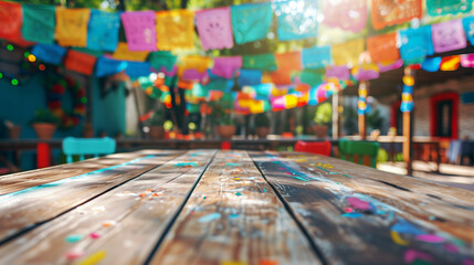 Empty wooden table with defocused decorated Mexican town, mockup scene for Cinco de Mayo holiday. - obrazy, fototapety, plakaty