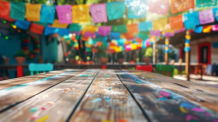 Deurstickers Empty wooden table with defocused decorated Mexican town, mockup scene for Cinco de Mayo holiday. © Maria Shchipakina