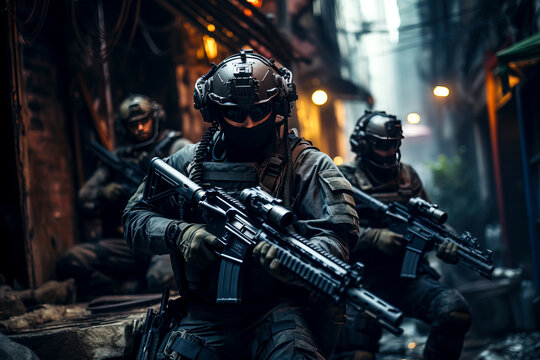Urban Warfare: Mercenaries in Action created with Generative AI technology