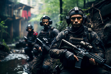 Urban Warfare: Mercenaries in a Deadly Alley Assault created with Generative AI technology - obrazy, fototapety, plakaty