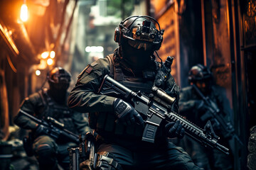 Fototapeta na wymiar Deadly Ambush: Mercenaries in Action. Intense military scene with heavily armed soldiers in a dark alley. Created with Generative AI technology.