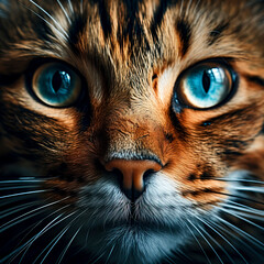 Abyssinian Cat with Striped Fur and Bright Eyes in Blurred African Savannah Background, created with Generative AI technology