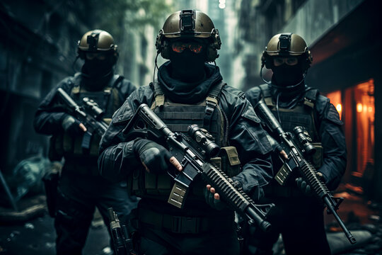 Elite Mercenaries Engage in Urban Warfare: Assault Squad in Dark Alley created with Generative AI technology
