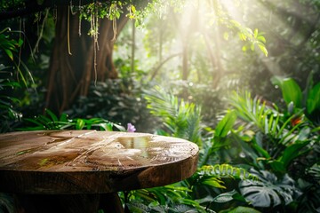 April Showers Bring May Flowers A Wooden Table in a Jungle Setting Generative AI