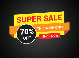 Super Sale banner template design, up to 70% off. Limited time only, vector illustration.